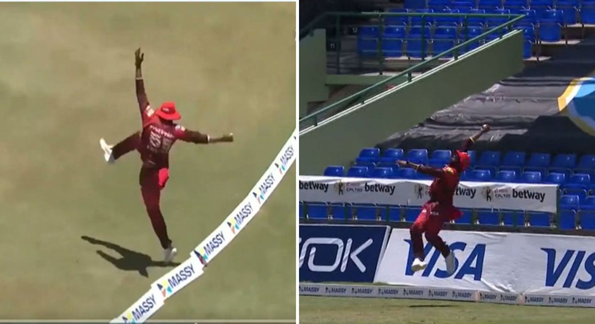 Kieron Pollard used his sharp presence of mind to grab on to the tricky catch. [Pic credits: FanCode screengrab]
