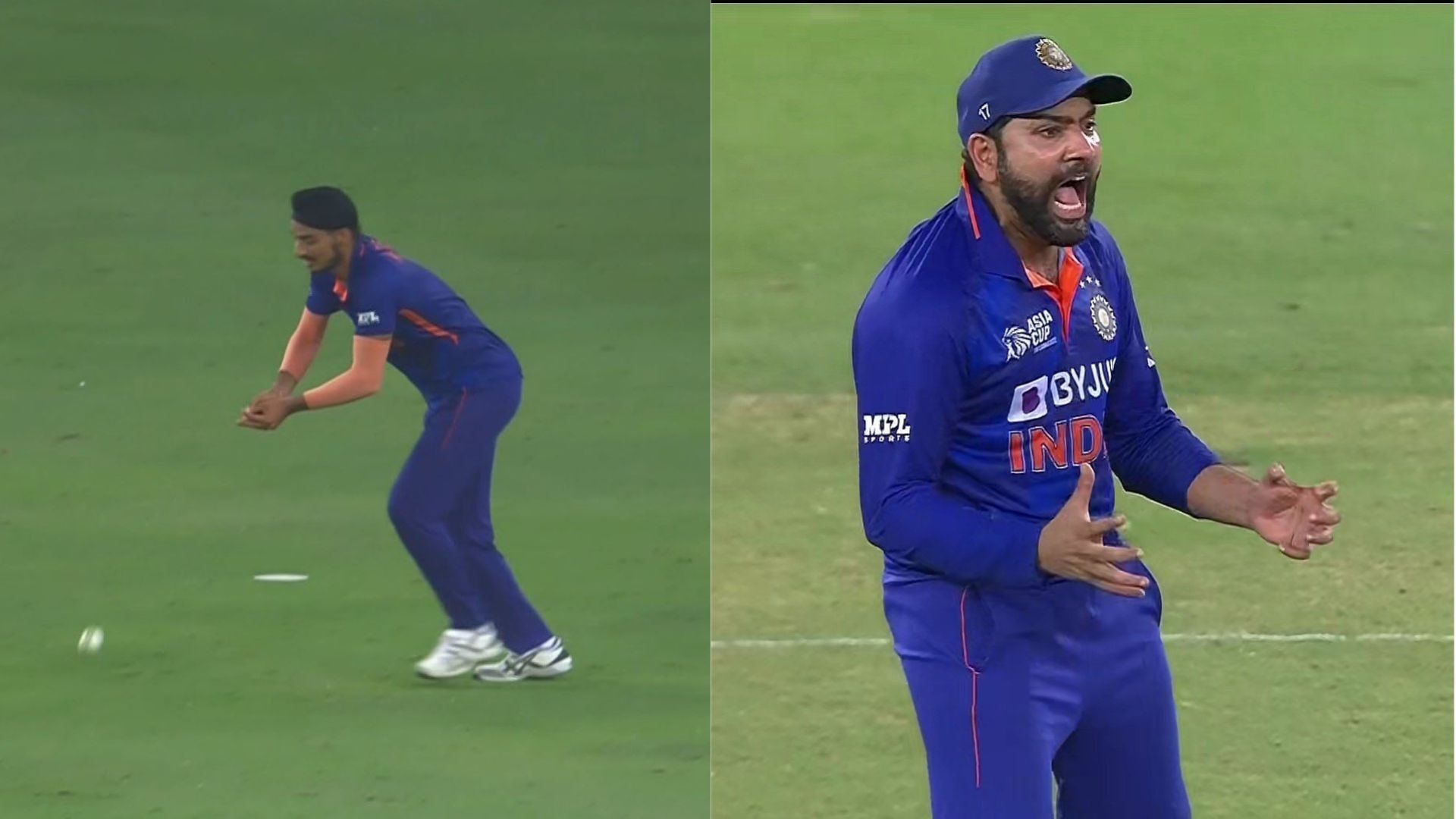 Rohit Sharma (R) was in disbelief when Arshdeep Singh dropped Asif Ali.