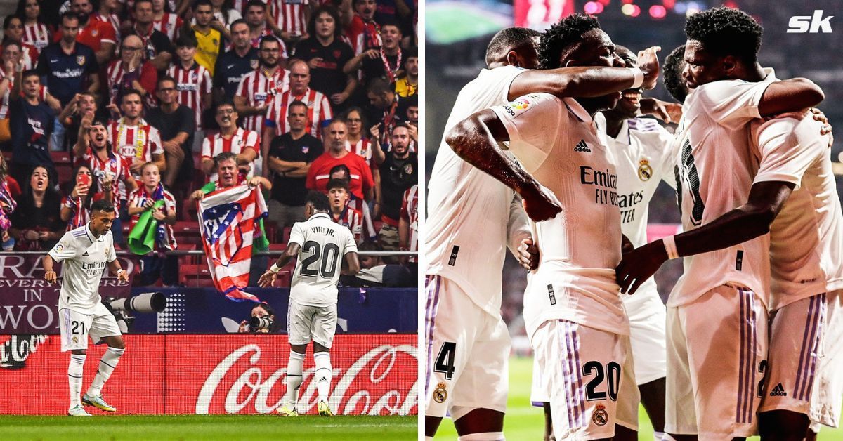 Real Madrid players celebrate by dancing after goal against Atletico Madrid