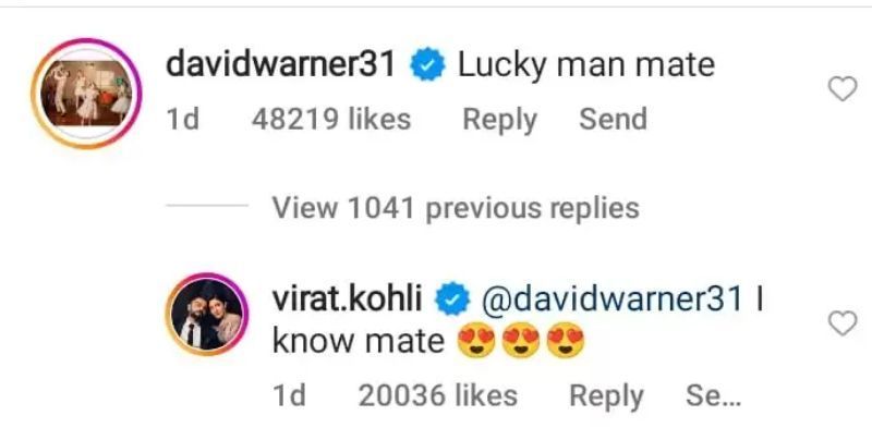 A screen grab of Warner-Kohli’s interaction over Anushka.