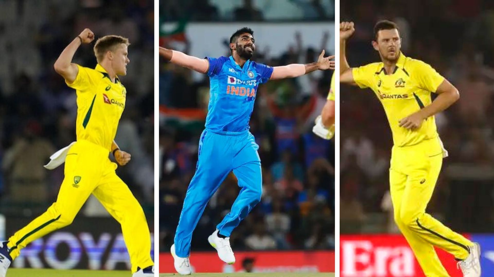 (L-R): Adam Zampa, Jasprit Bumrah and Josh Hazlewood. (P.C.:BCCI)