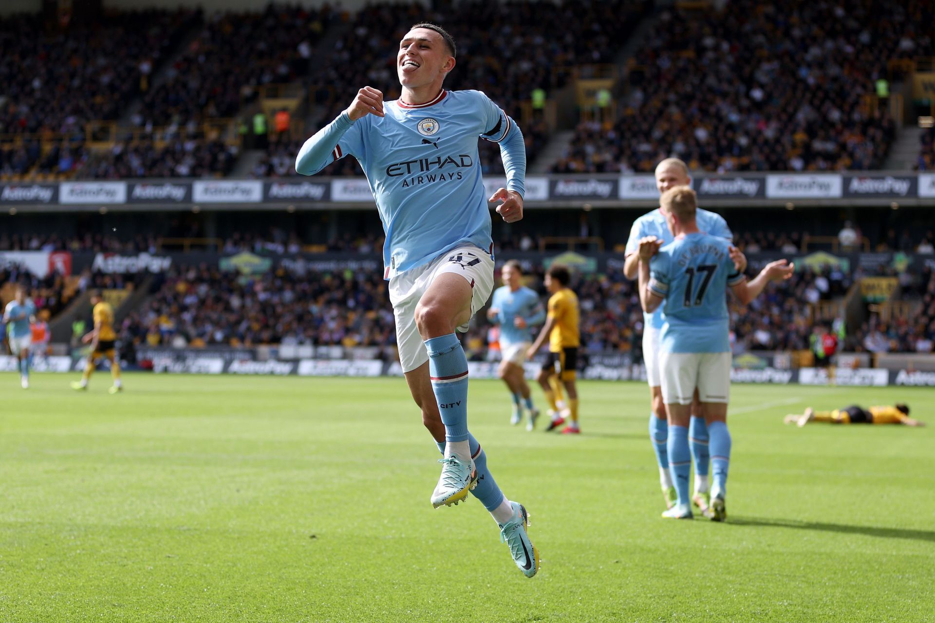 Phil Foden celebrates after scoring Manchester City's third goal against Wolverhampton Wanderers.