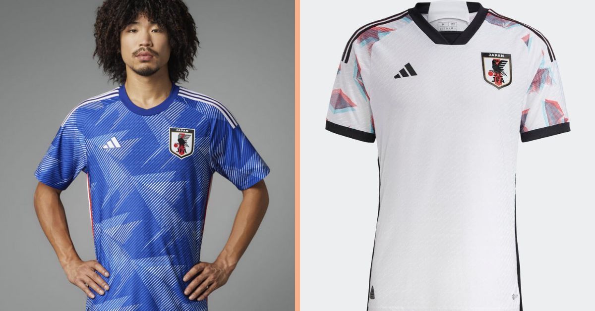 Japan home kit (left) (cred: Football Shirt Culture)  and away kit (right) (cred: Football Kit Archive) for the 2022 FIFA World Cup