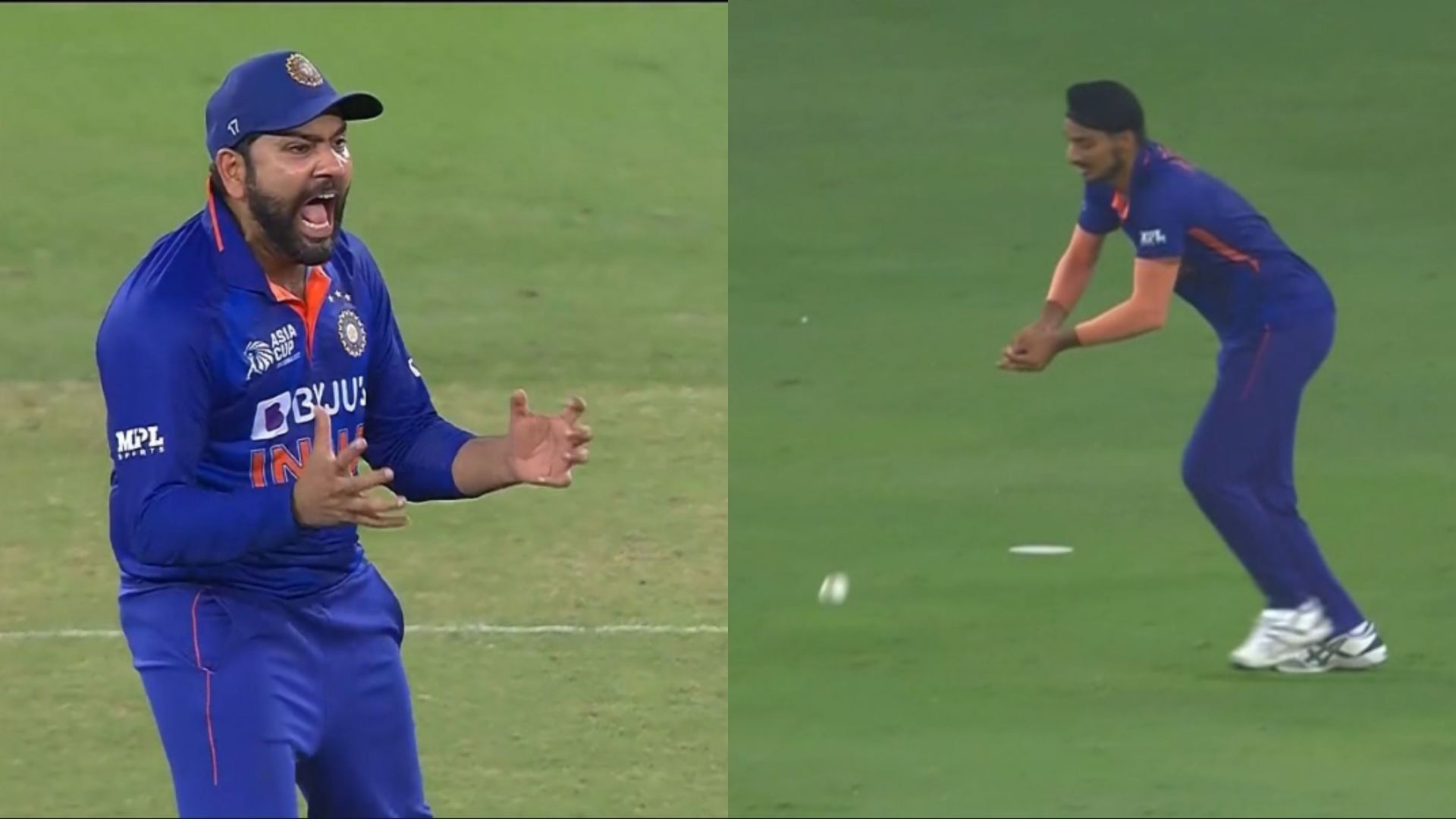 Team India skipper Rohit Sharma (left) reacts after Arshdeep Singh drops a simple catch against Pakistan. Pic: Disney+ Hotstar