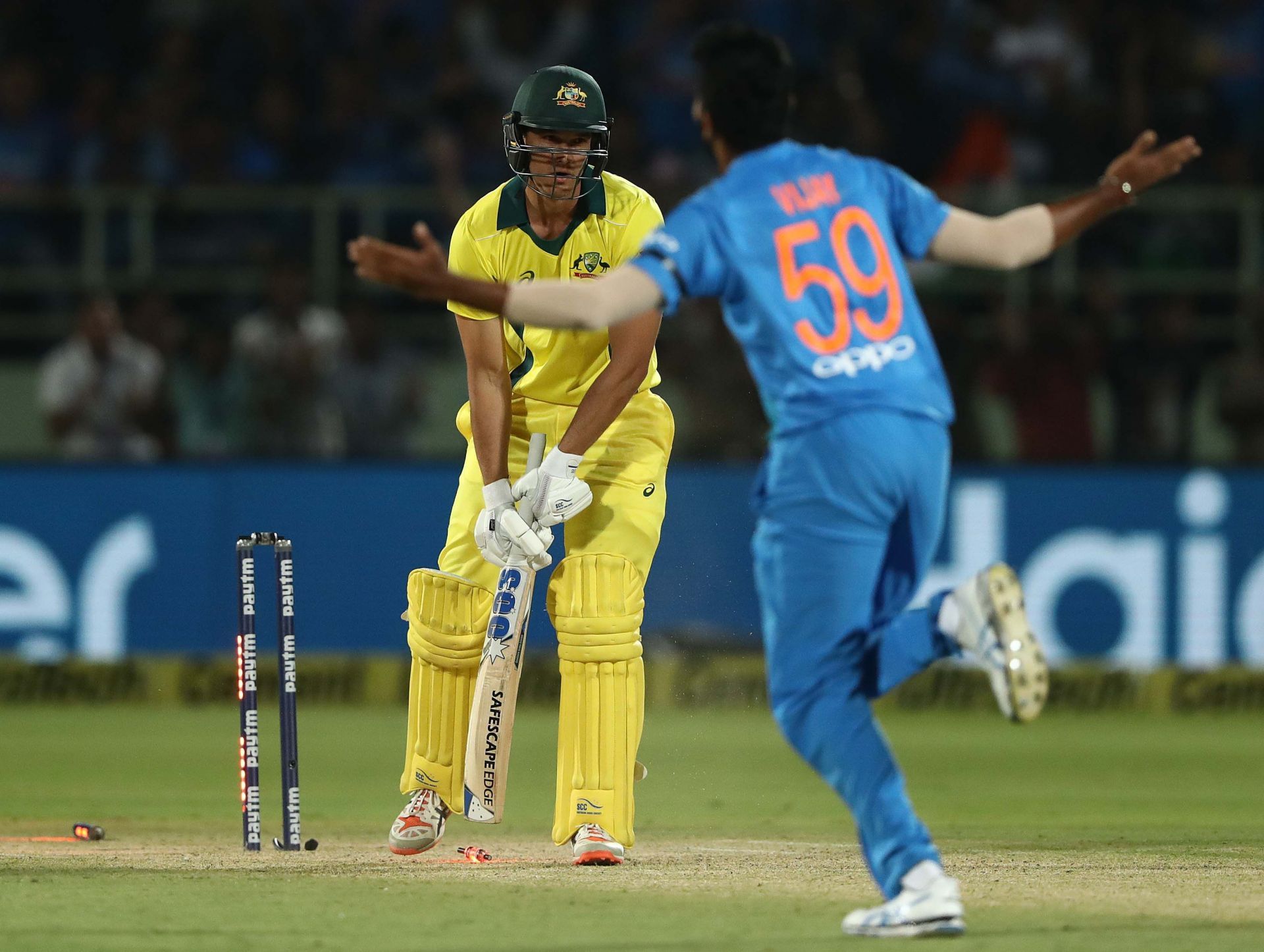 Nathan Coulter-Nile is bowled by Jasprit Bumrah during 2019 Visakhapatnam T20I. Pic: Getty Images