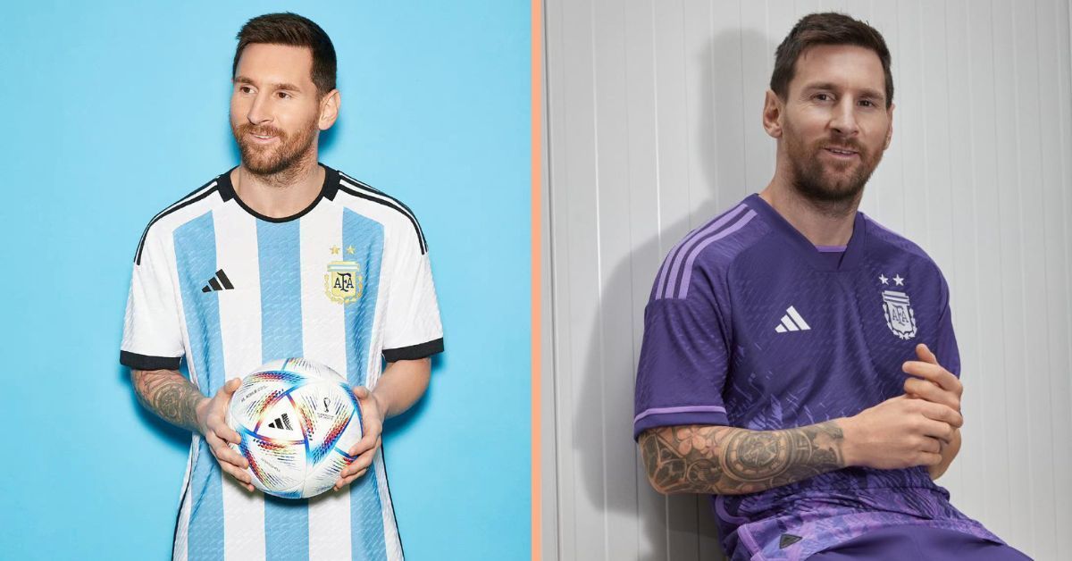 Argentina home kit (left) (cred: Football kit archive) and away kit (right) (cred: Latestly) for the 2022 FIFA World Cup