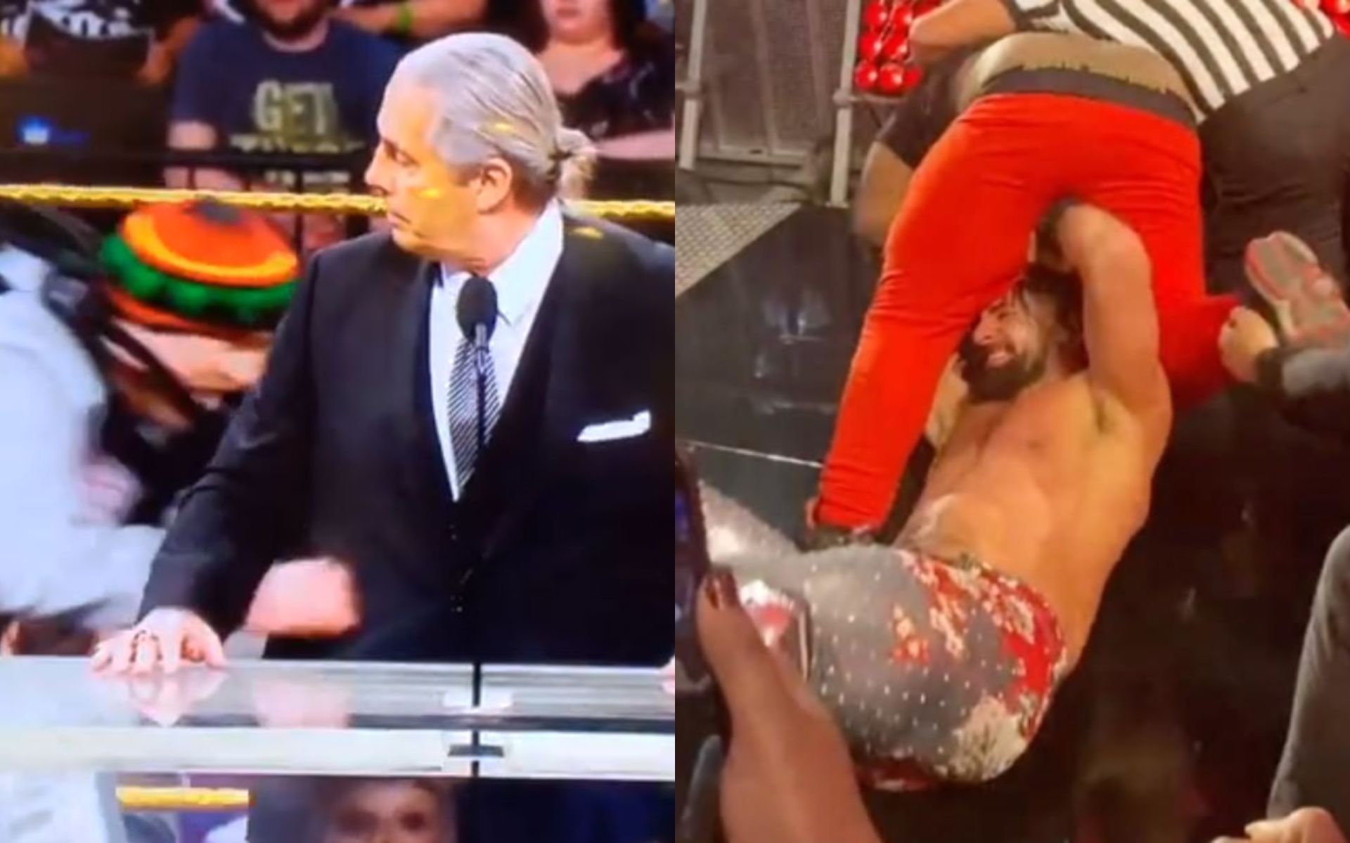 A fan attacking Bret Hart (L); and Seth Rollins (R).