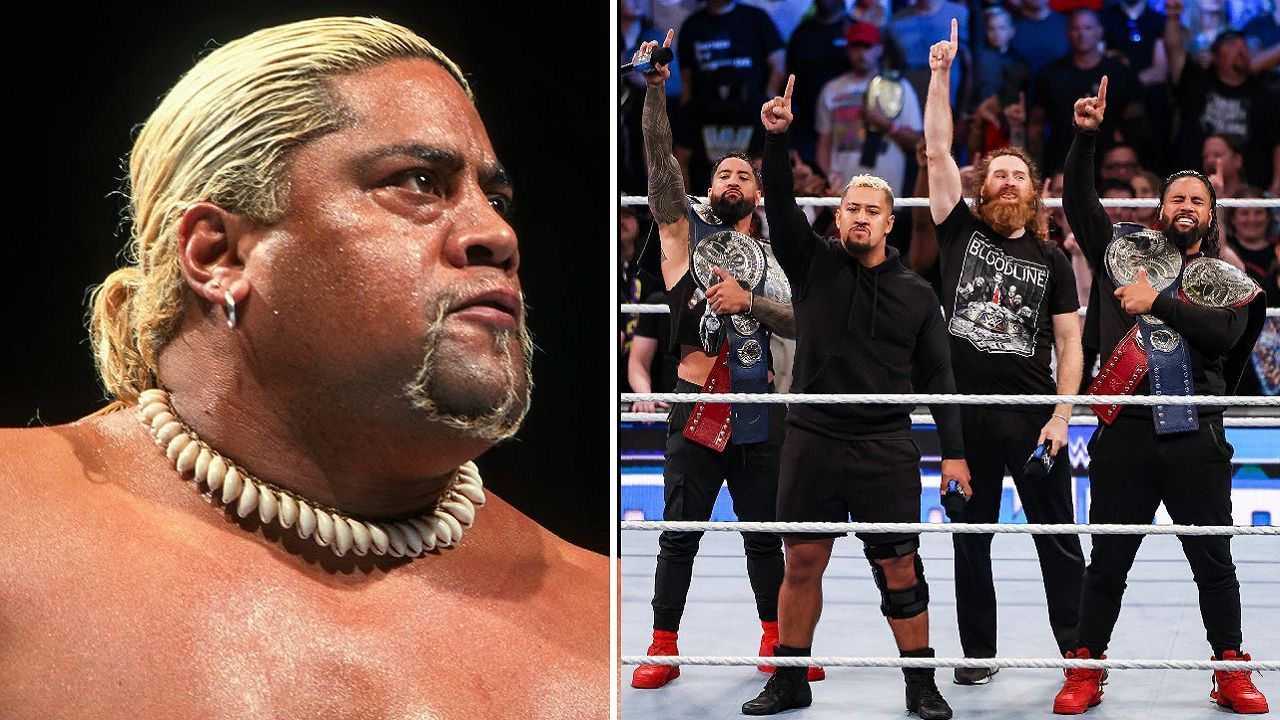 Rikishi (left); Sami Zayn with The Bloodline (right)