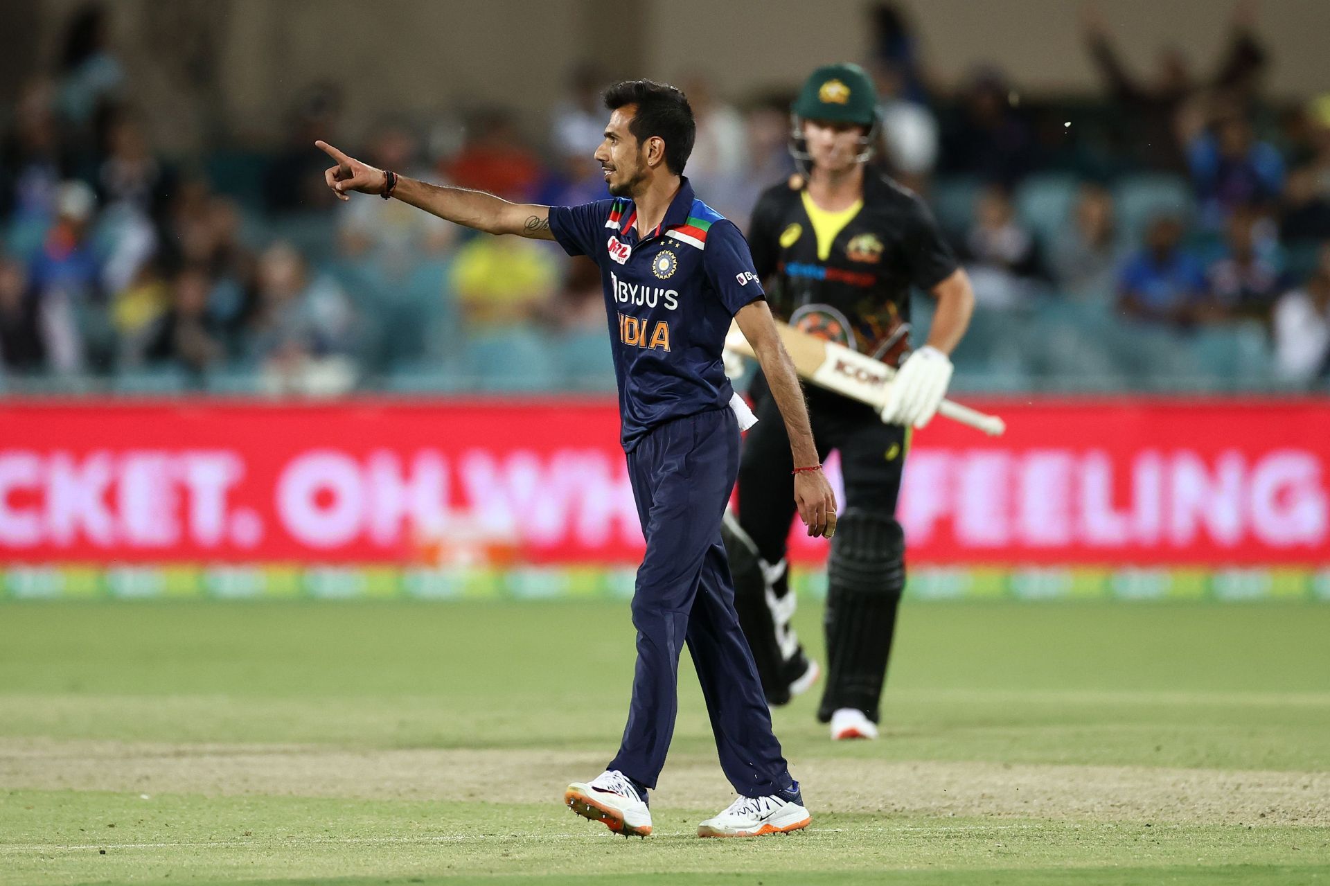 Team India leggie Yuzvendra Chahal celebrates after taking the wicket of Aaron Finch in the 2020 Canberra T20I. Pic: Getty Images