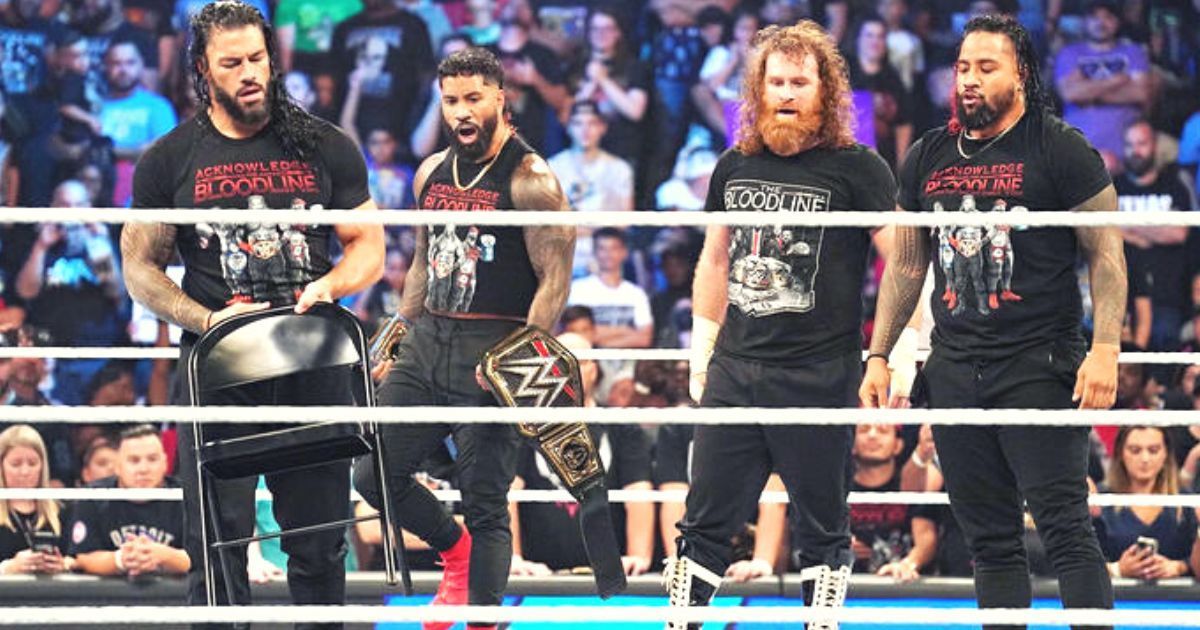 Roman Reigns, The Usos, and Sami Zayn.