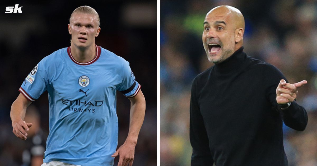 [L-to-R] Erling Haaland and Manchester City boss Pep Guardiola.