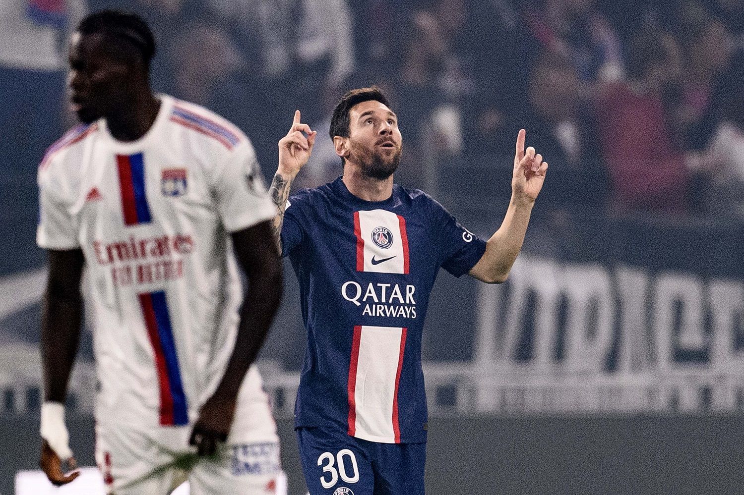 Lionel Messi points to the heavens after putting his side 1-0 up.