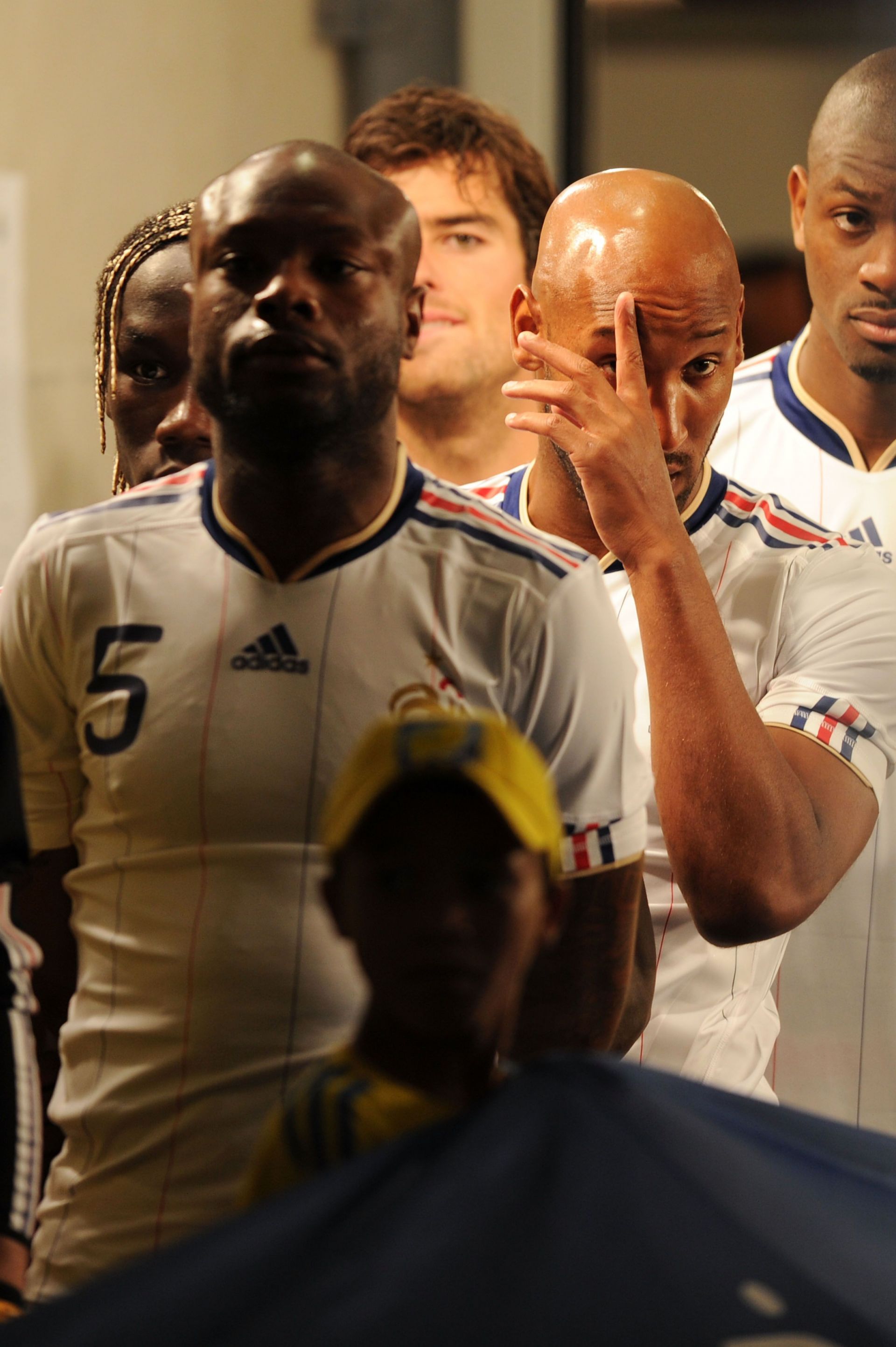 William Gallas and Nicolas Anelka of France prepare to walk onto the pitch during the 2010 FIFA World Cup South Africa Group A match between Uruguay and France at Green Point Stadium on June 11, 2010, in Cape Town, South Africa.