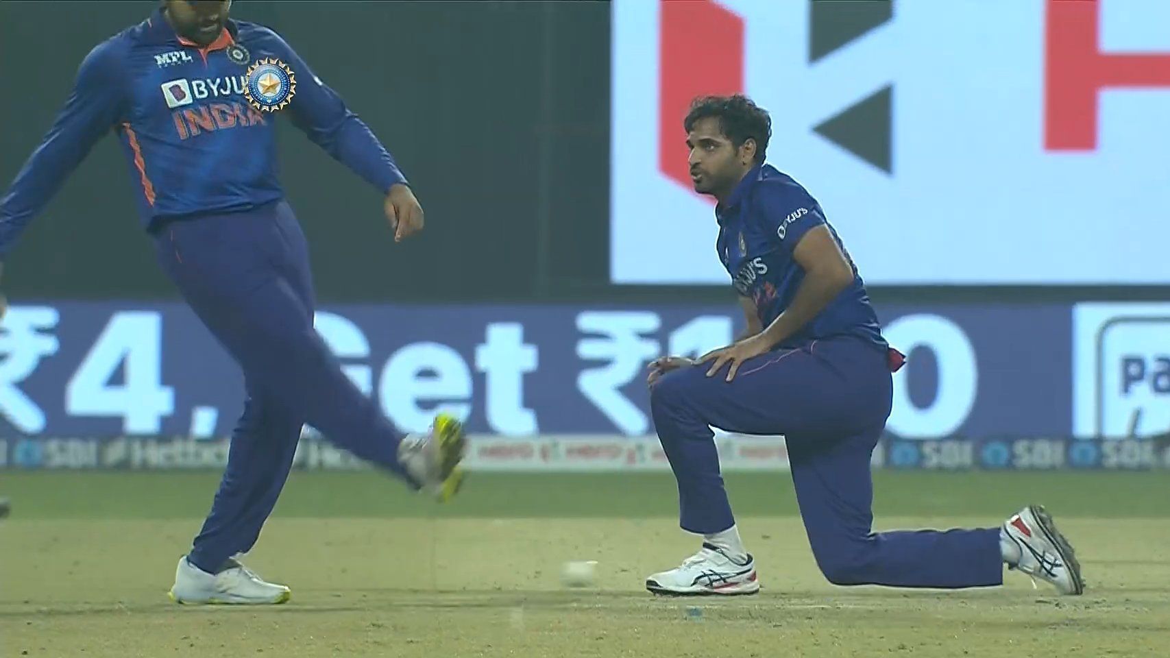 The Indian captain kicks the ball after a dropped catch. Pic: BCCI