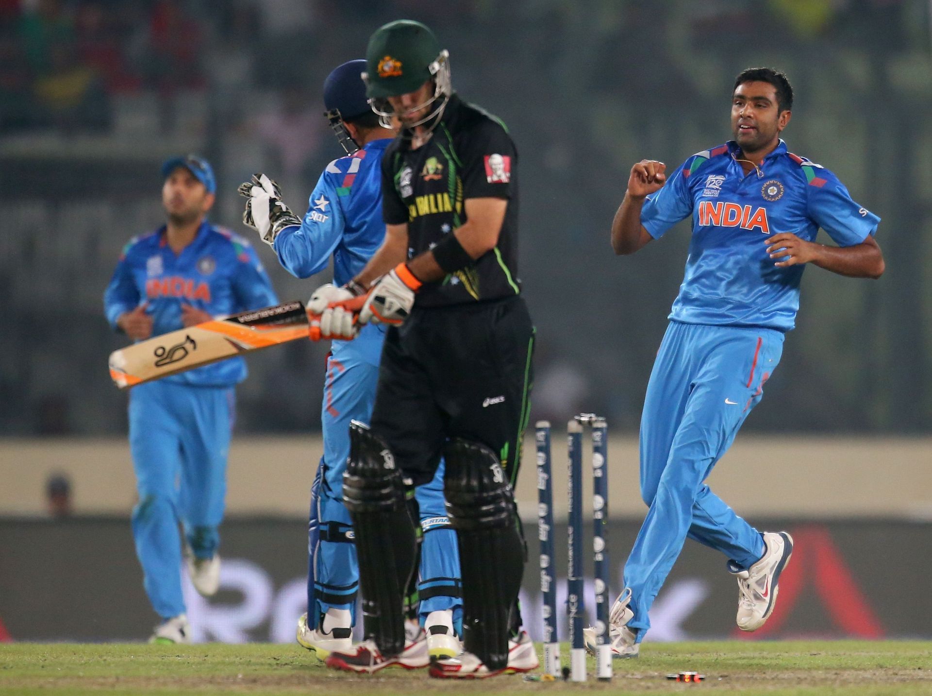 Ravichandran Ashwin reacts after dismissing Glenn Maxwell in the 2014 T20 World Cup group clash. Pic: Getty Images
