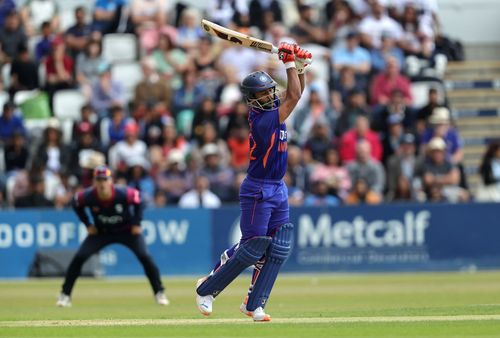 Rahul Tripathi hits Northamptonshire skipper Josh Cobb for a boundary