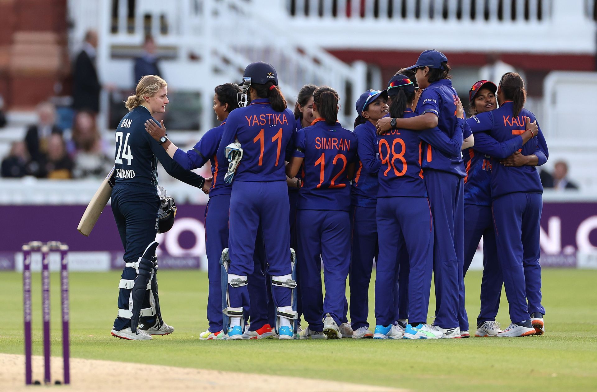 Charlie Dean shakes hands with Indian players after the 3rd ODI. Pic: Getty Images