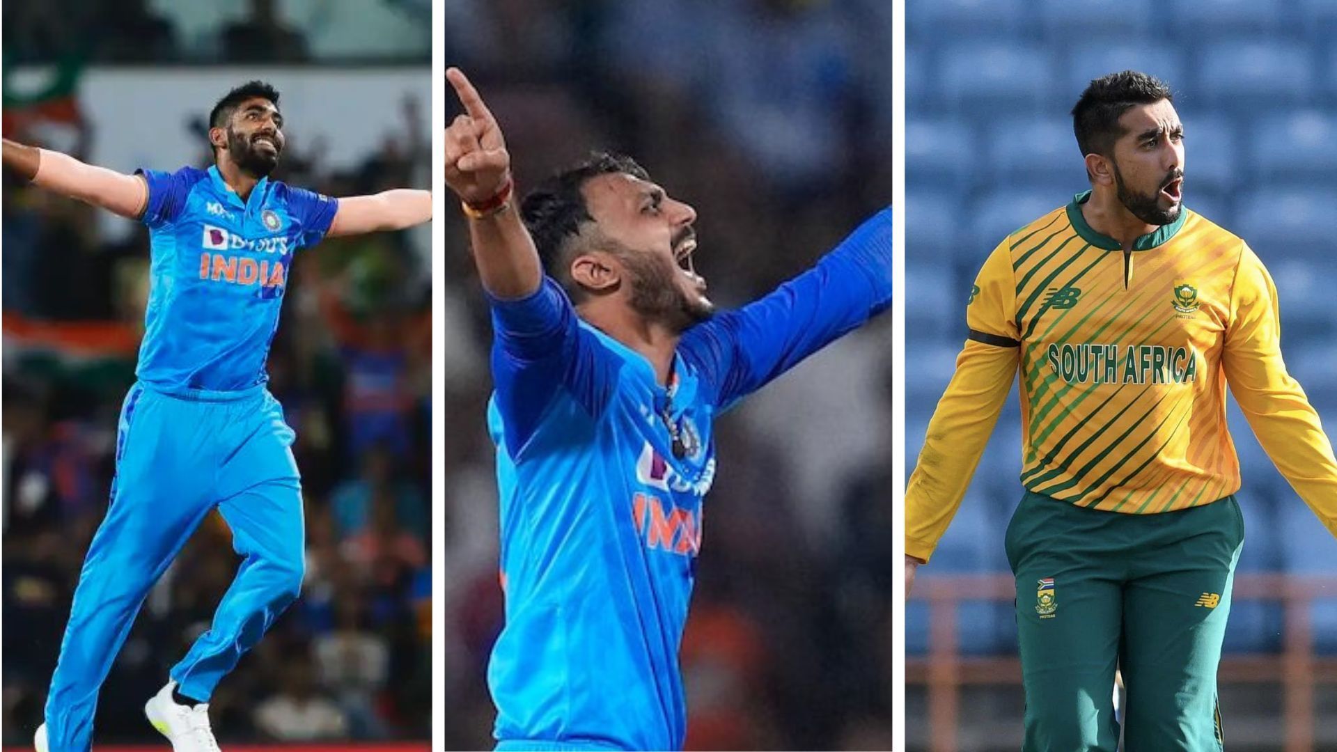 (L-R):Jasprit Bumrah, Axar Patel and Tabraiz Shamsi (P.C.:Twitter)