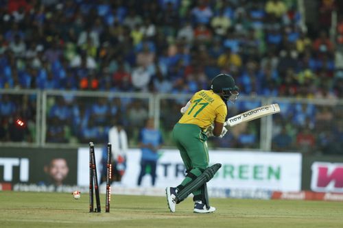 Temba Bavuma is bowled by Deepak Chahar during the 1st T20I. Pic: Getty Images