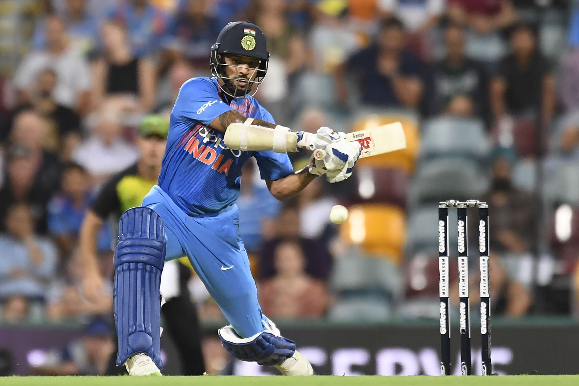 Shikhar Dhawan bats during the 2018 Brisbane T20I. Pic: Getty Images