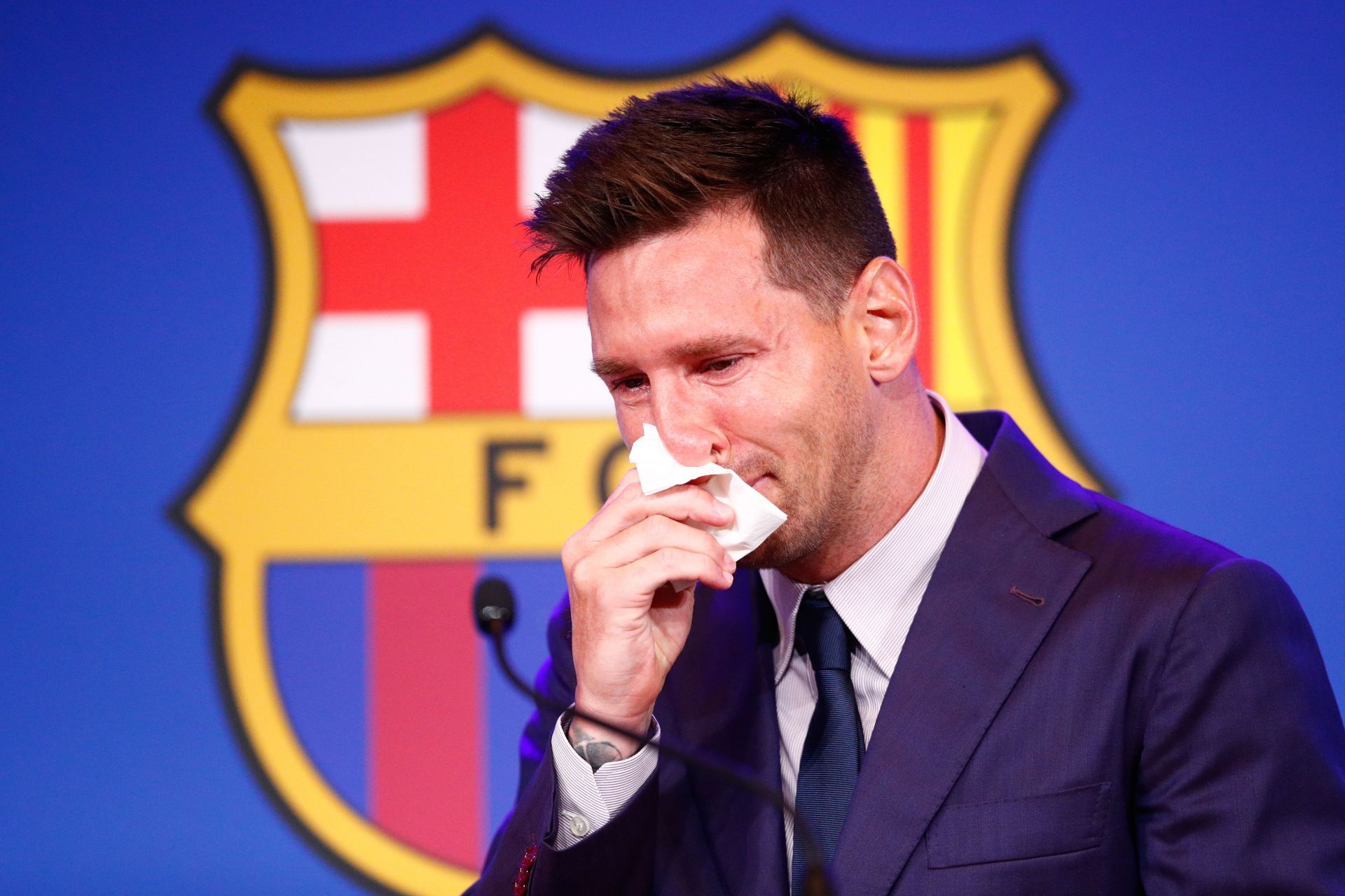 Lionel Messi at his Barcelona farewell last year