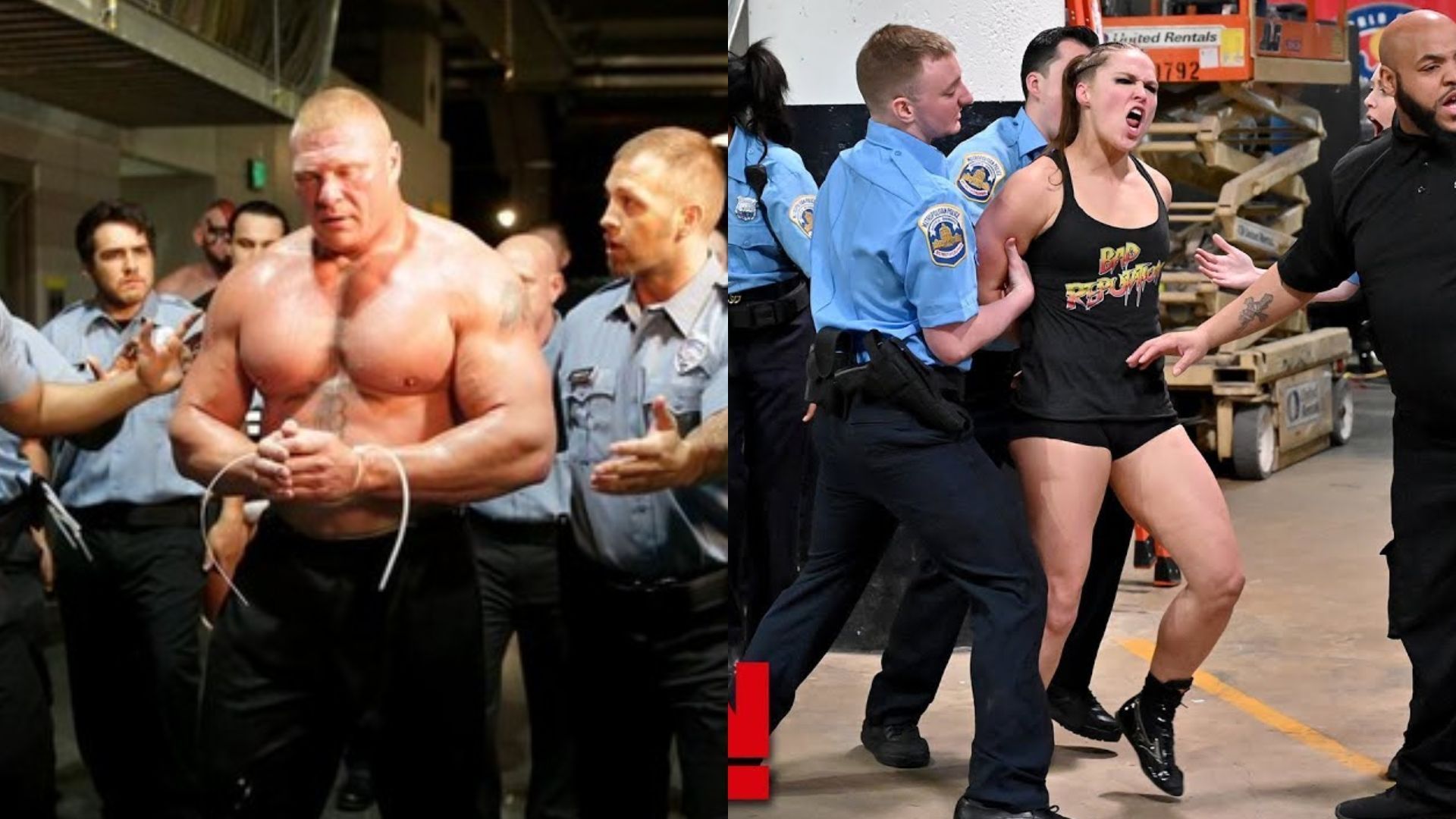 Brock Lesnar (L) and Ronda Rousey (R) being arrested.