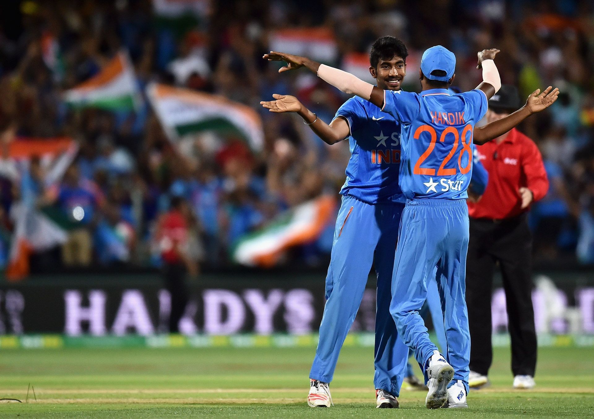 Jasprit Bumrah celebrates with Hardik Pandya after Team India&rsquo;s win over Australia in the 2016 T20I. Pic: Getty Images