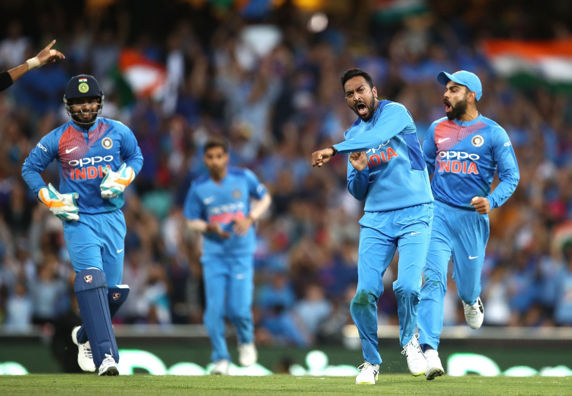 Team India left-arm spinner Krunal Pandya celebrates after taking the wicket of Ben McDermott in the 2018 Sydney T20I. Pic: Getty Images