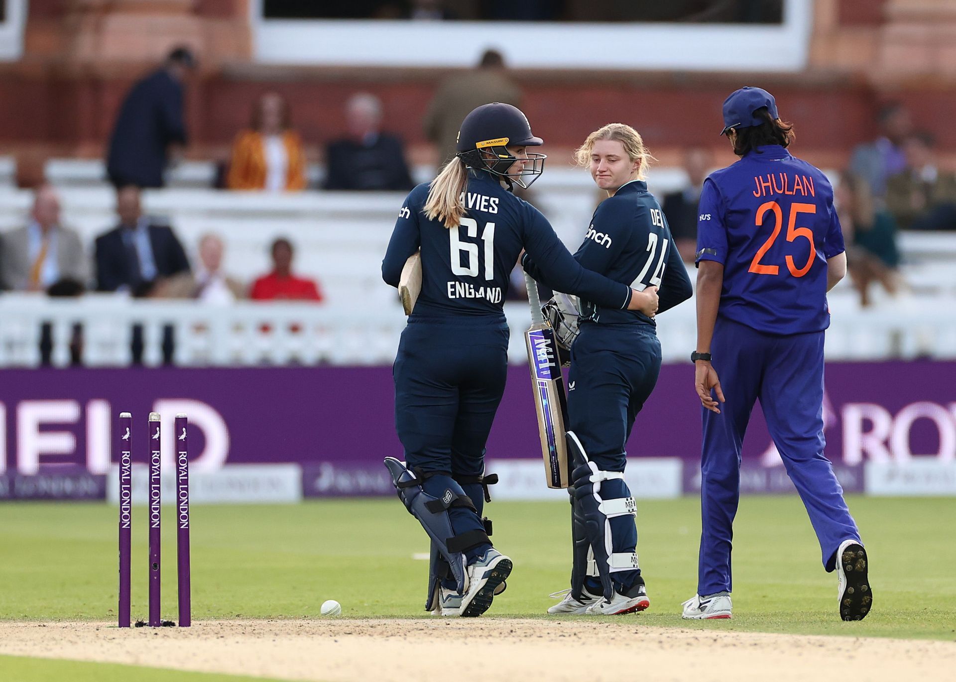 Charlie Dean is consoled by Freya Davies after England’s loss in the 3rd ODI. Pic: Getty Images