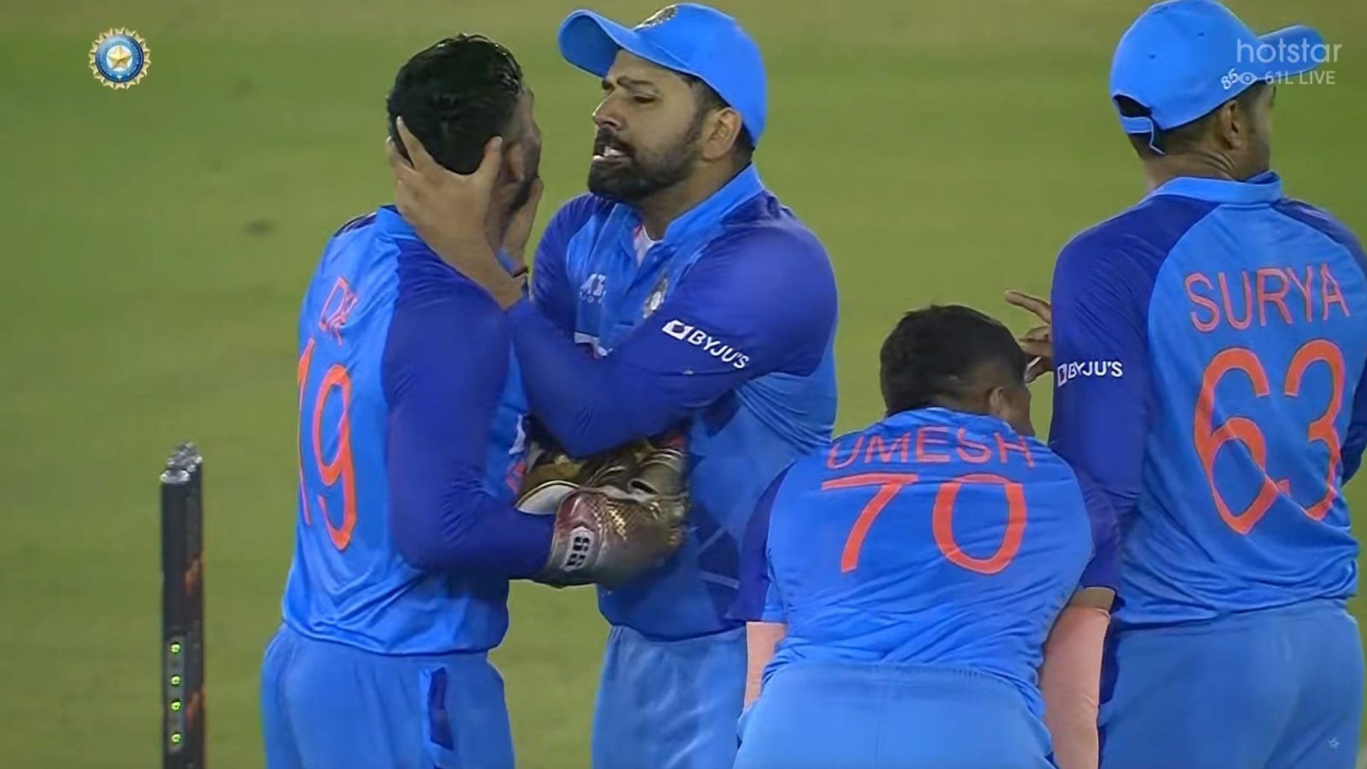 Rohit Sharma shared a light moment with Dinesh Karthik during the first T20I. (P.C.:BCCI)