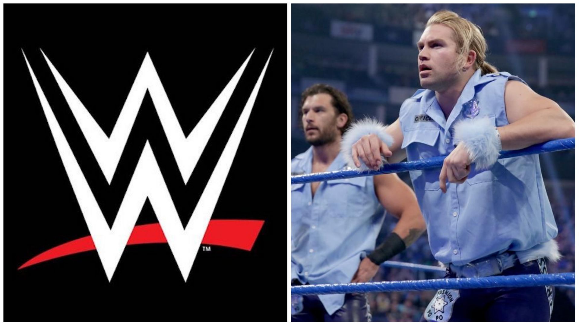 WWE logo (L); Breezango on SmackDown (R)