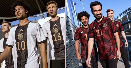 Germany home kit (left) (cred: 24foot) and away kit (right) (Goal.com) for the 2022 FIFA World Cup