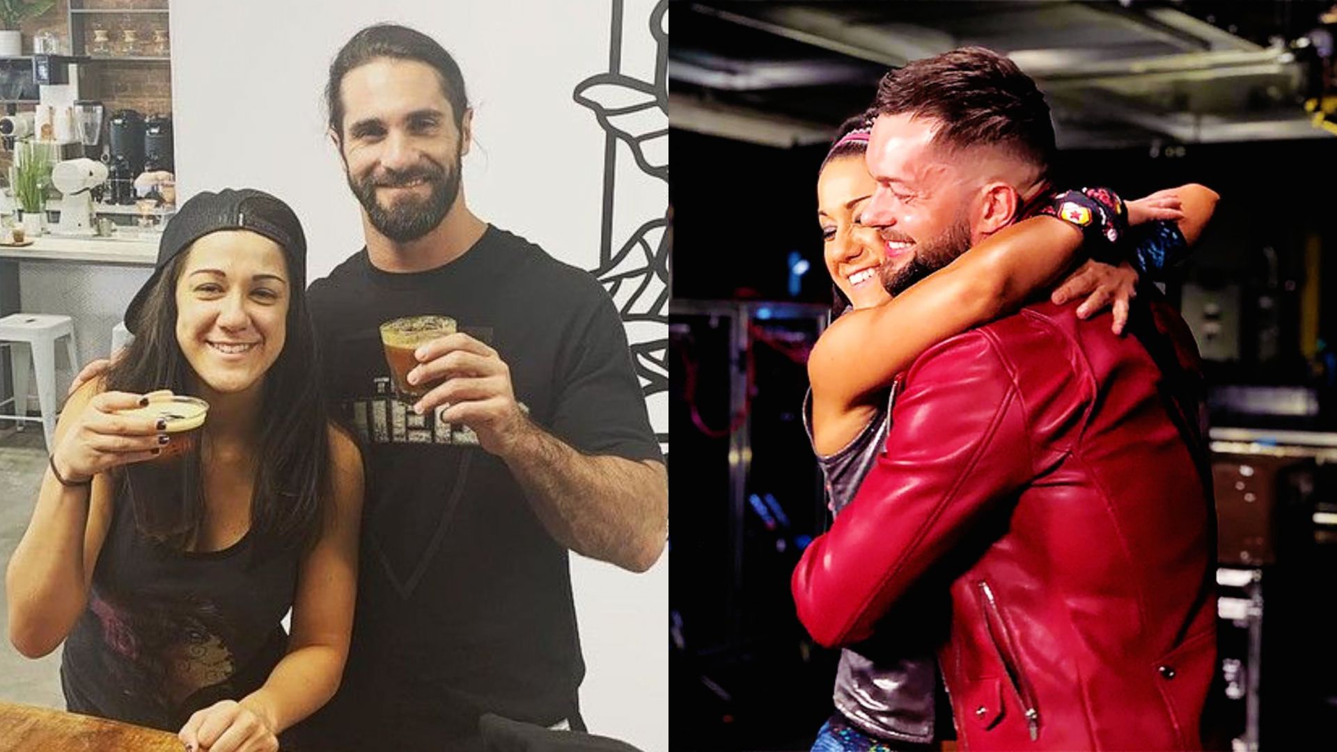 Bayley with Seth Rollins (left) and with Finn Balor (right)