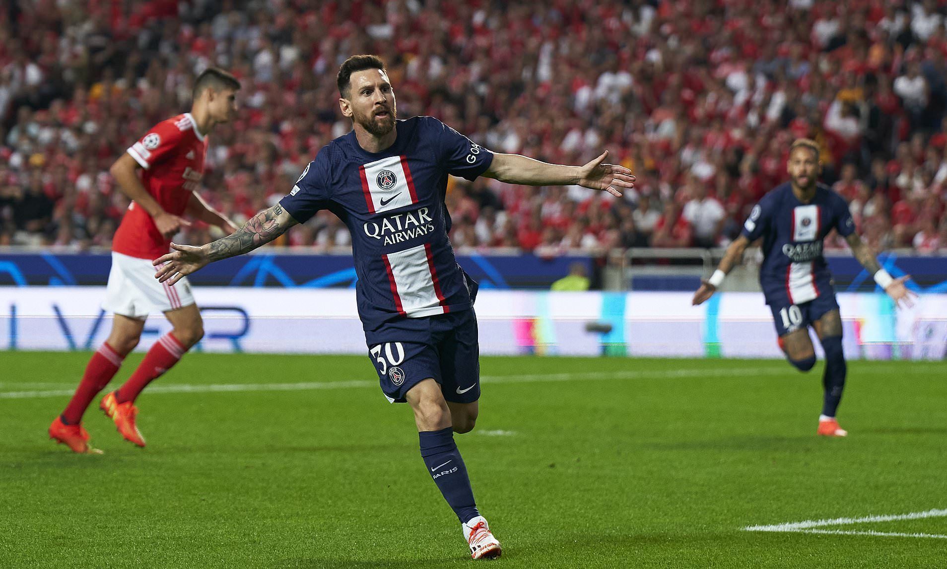 Lionel Messi celebrates scoring to give his side the lead.