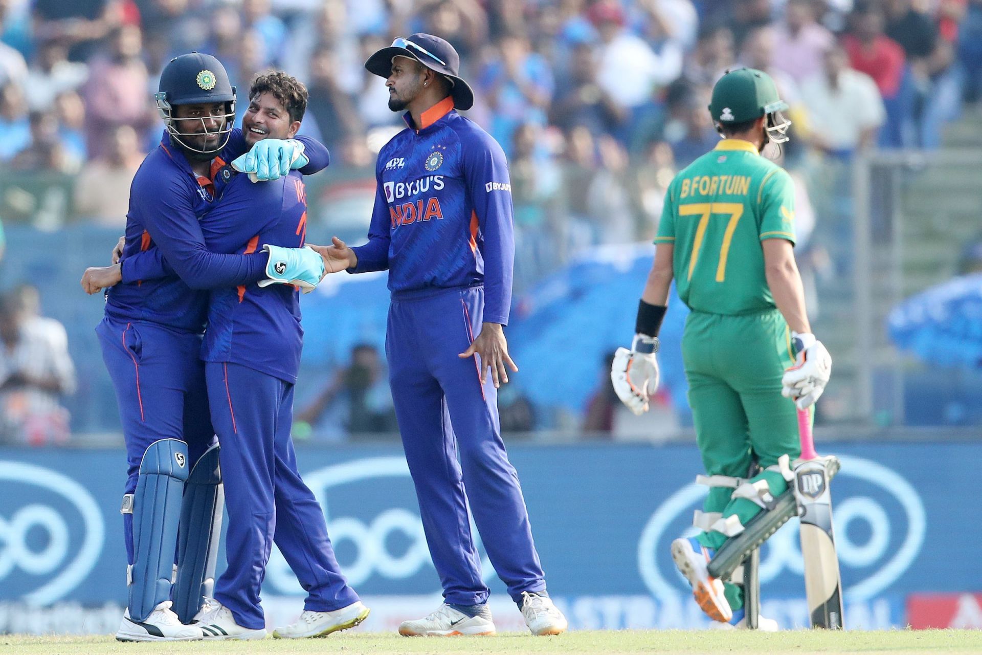 Kuldeep Yadav celebrates Bjorn Fortuin