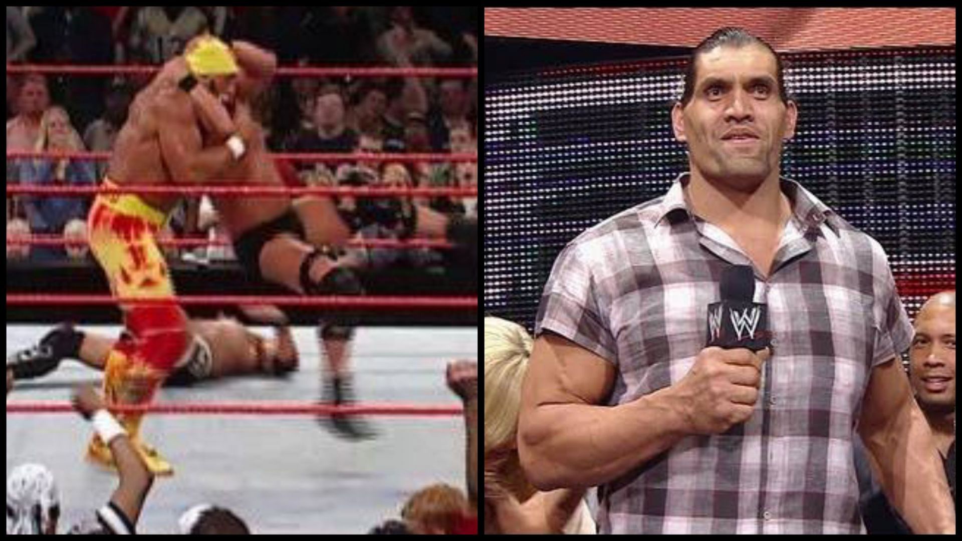 Steve Austin stuns Hulk Hogan (L); The Great Khali sings Happy Birthday to John Cena (R).
