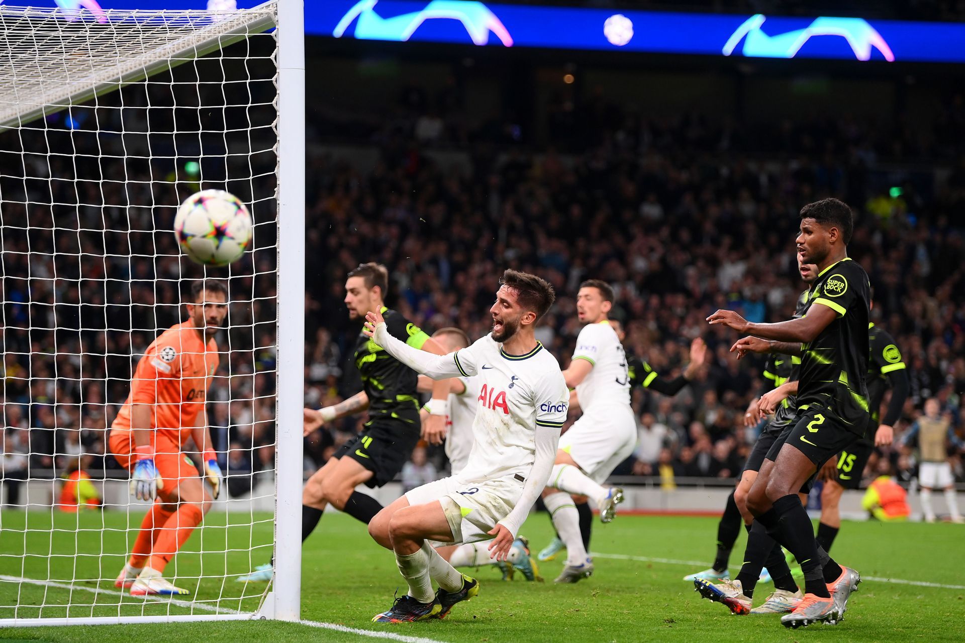 Rodrigo Bentancur reacts after scoring for Tottenham Hotspur against Sporting CP.