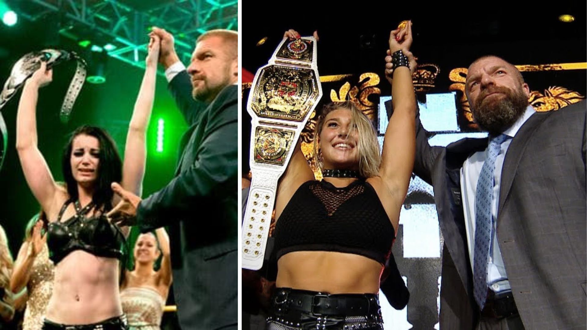 Triple H posing with former WWE star Paige and Rhea Ripley after they captured a title