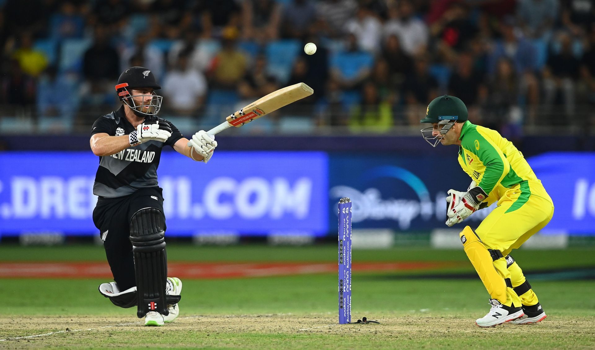 Kane Williamson plays a shot during the ICC Men&#039;s T20 World Cup 2021 final. Pic: Getty Images