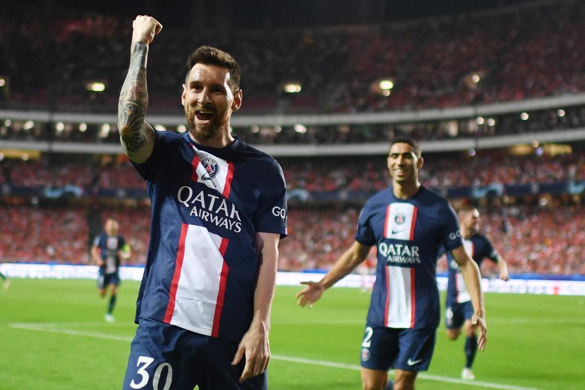 Lionel Messi celebrates scoring the opening goal of the game.