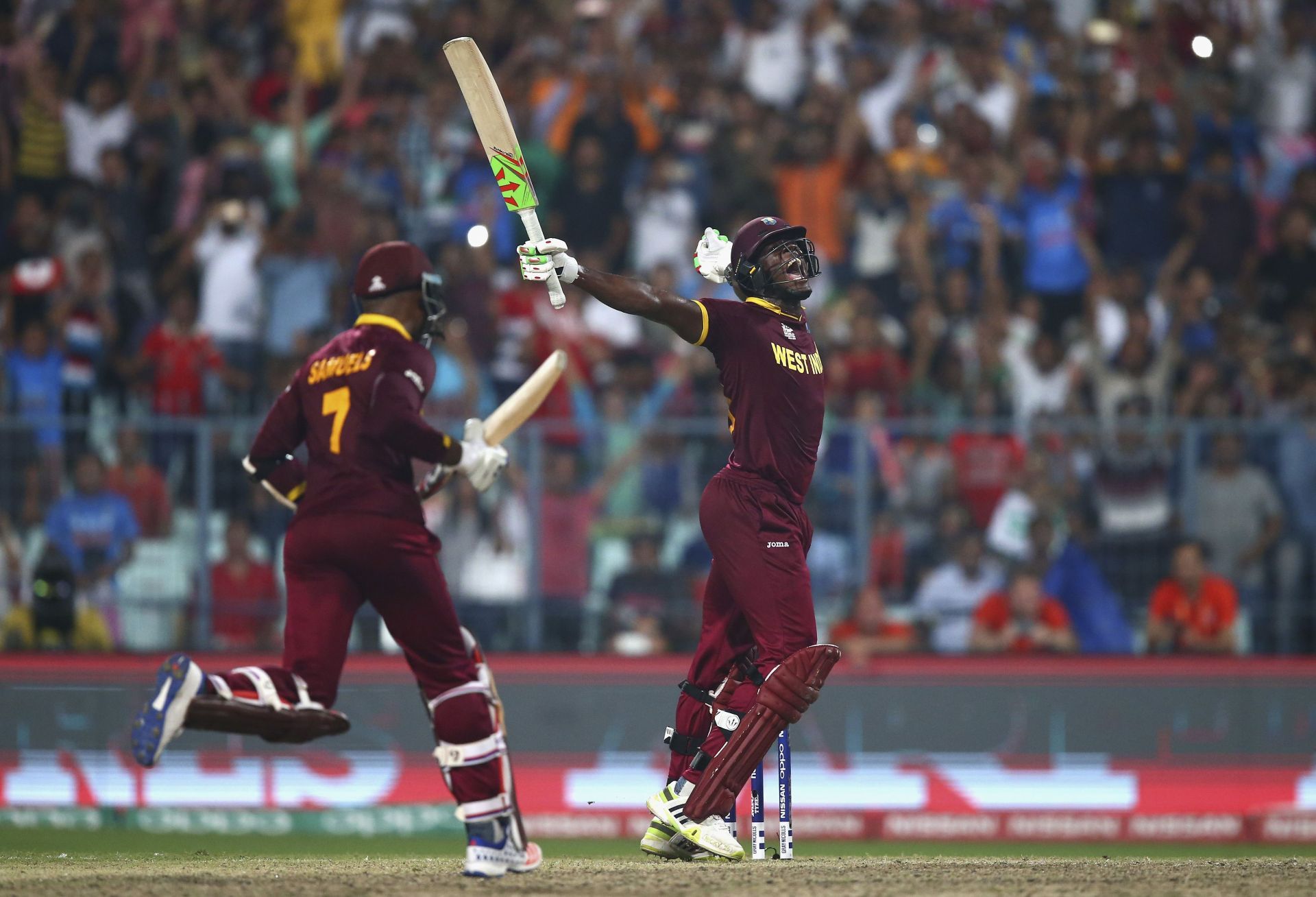 Carlos Brathwaite celebrates after hitting the winning six in the 2016 final. Pic: Getty Images