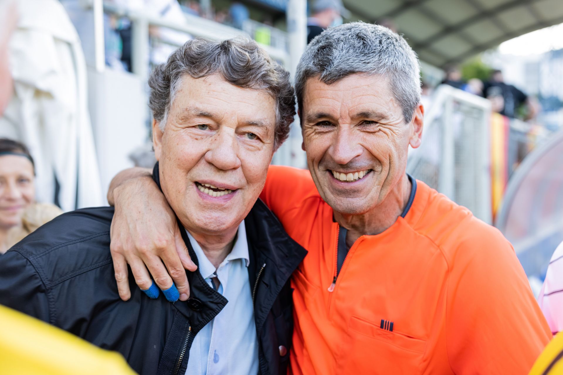 Otto Rehhagel poses with Markus Merk (R) during the 'Help After The Flood: Football's Charity match' at Moselstadion on August 11, 2021, in Trier, Germany.