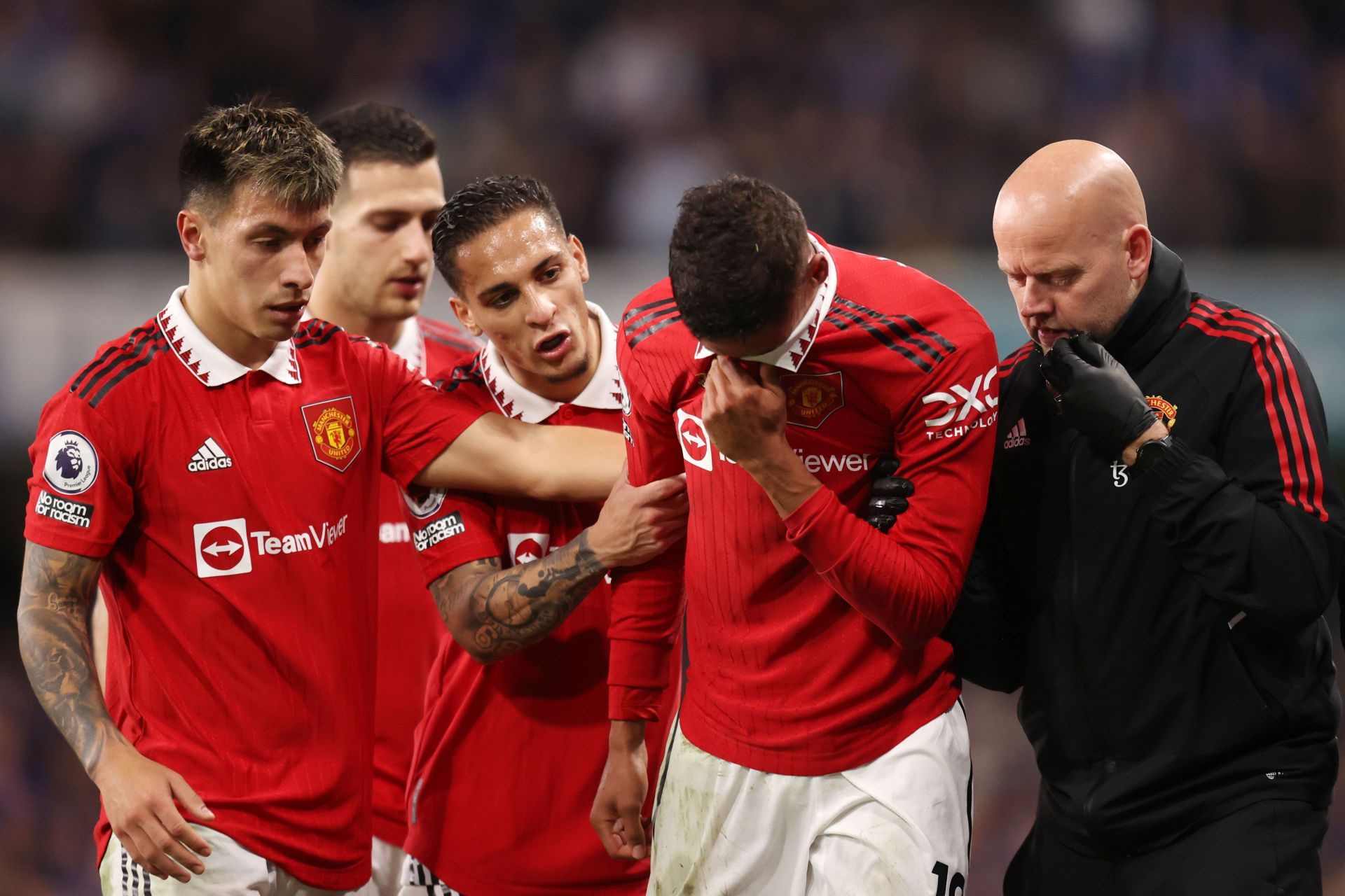 A distraught Rafa Varane leaves the pitch.