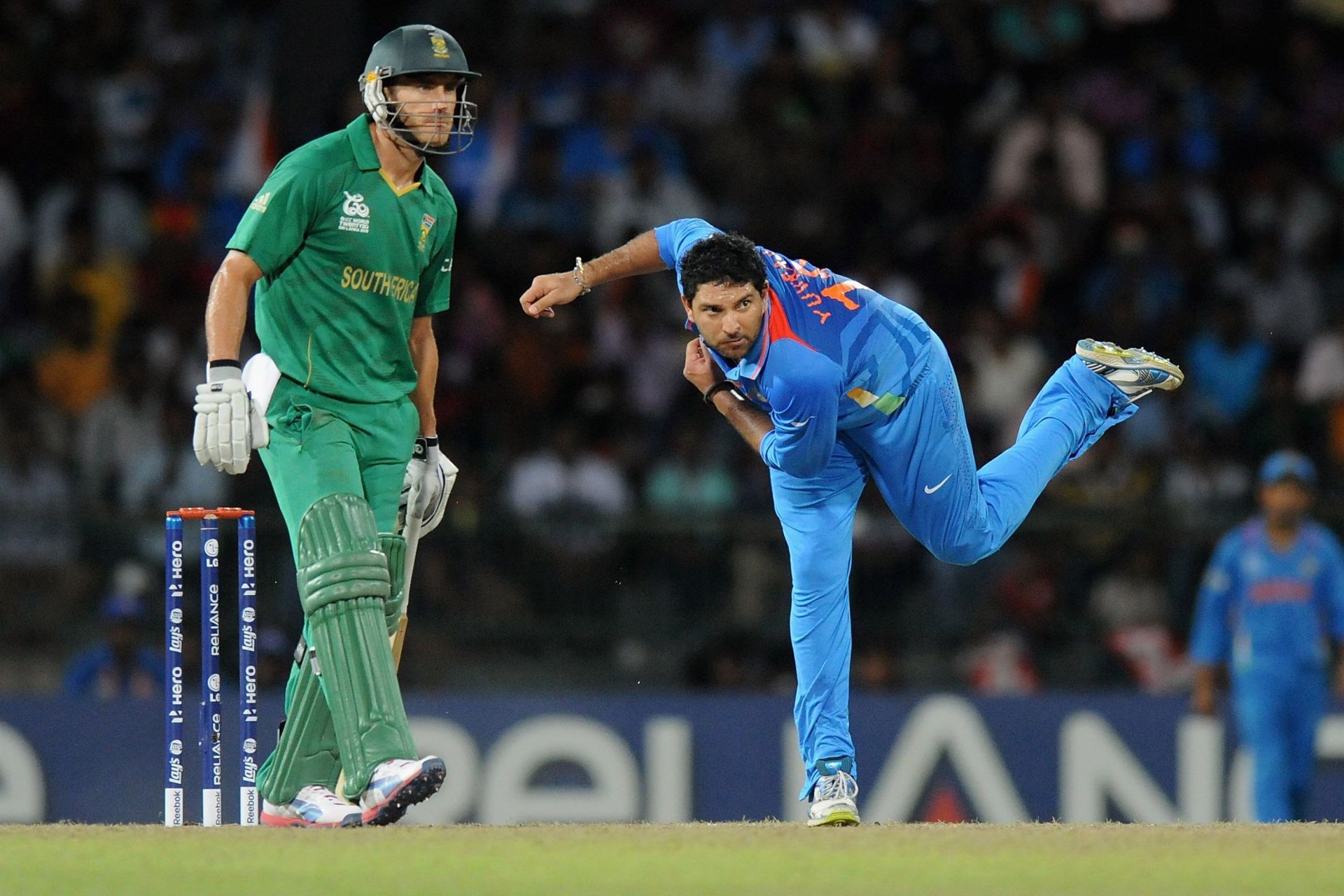 Yuvraj Singh bowls during the Super Eight match between India and South Africa in 2012. Pic: Getty Images
