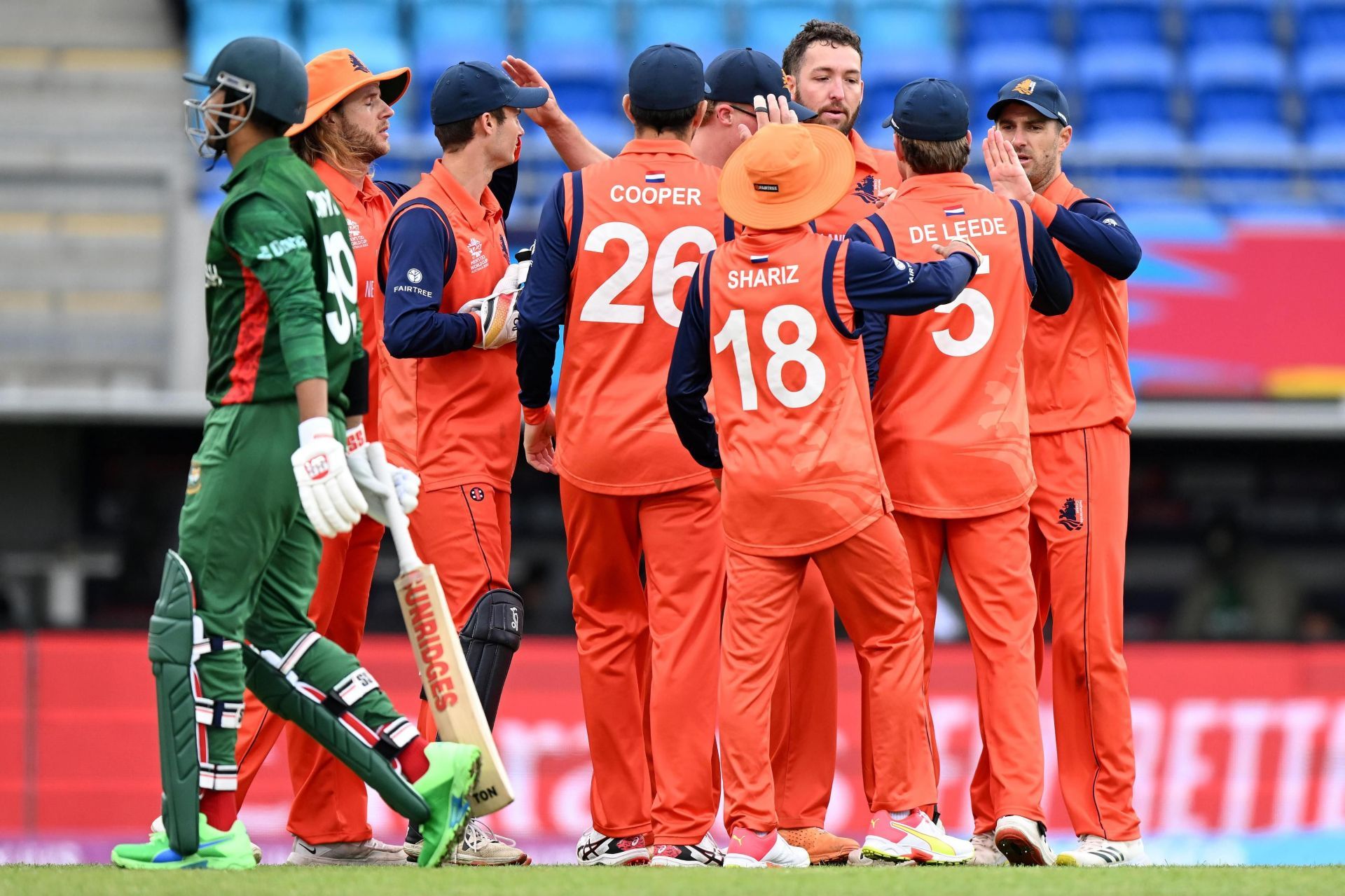 Bangladesh were restricted to a below-par score by the Netherlands bowlers. [P/C: T20 World Cup/Twitter]