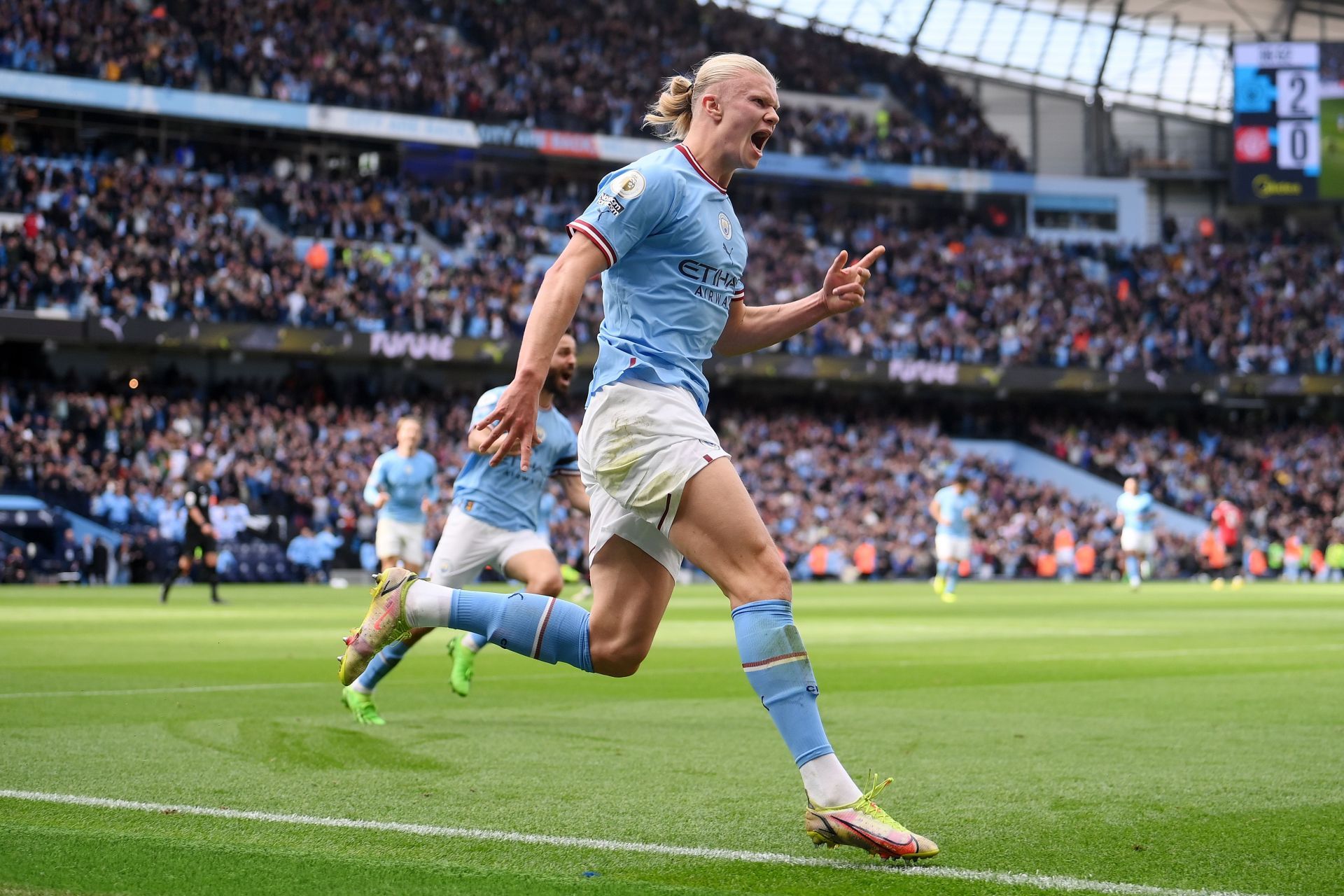 Erling Haaland has now scored 14 goals in eight league games for Manchester City after his hat-trick against Manchester United.