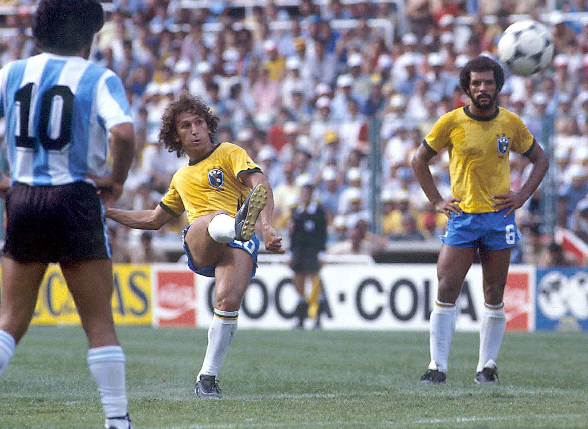 Zico takes a free-kick for Brazil