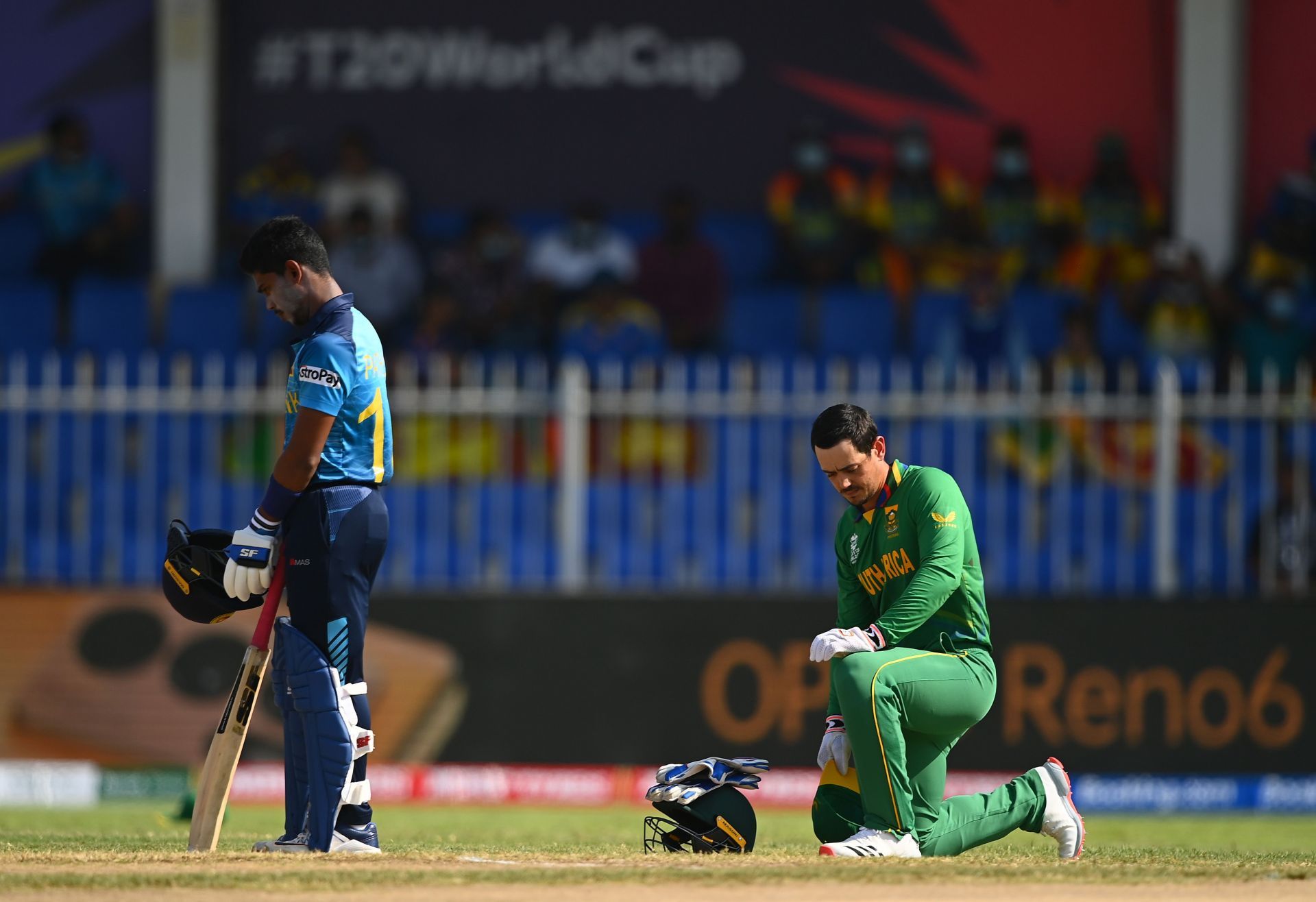 Quinton De Kock takes the knee ahead of the ICC Men&#039;s T20 World Cup 2021 match between South Africa and Sri Lanka. Pic: Getty Images