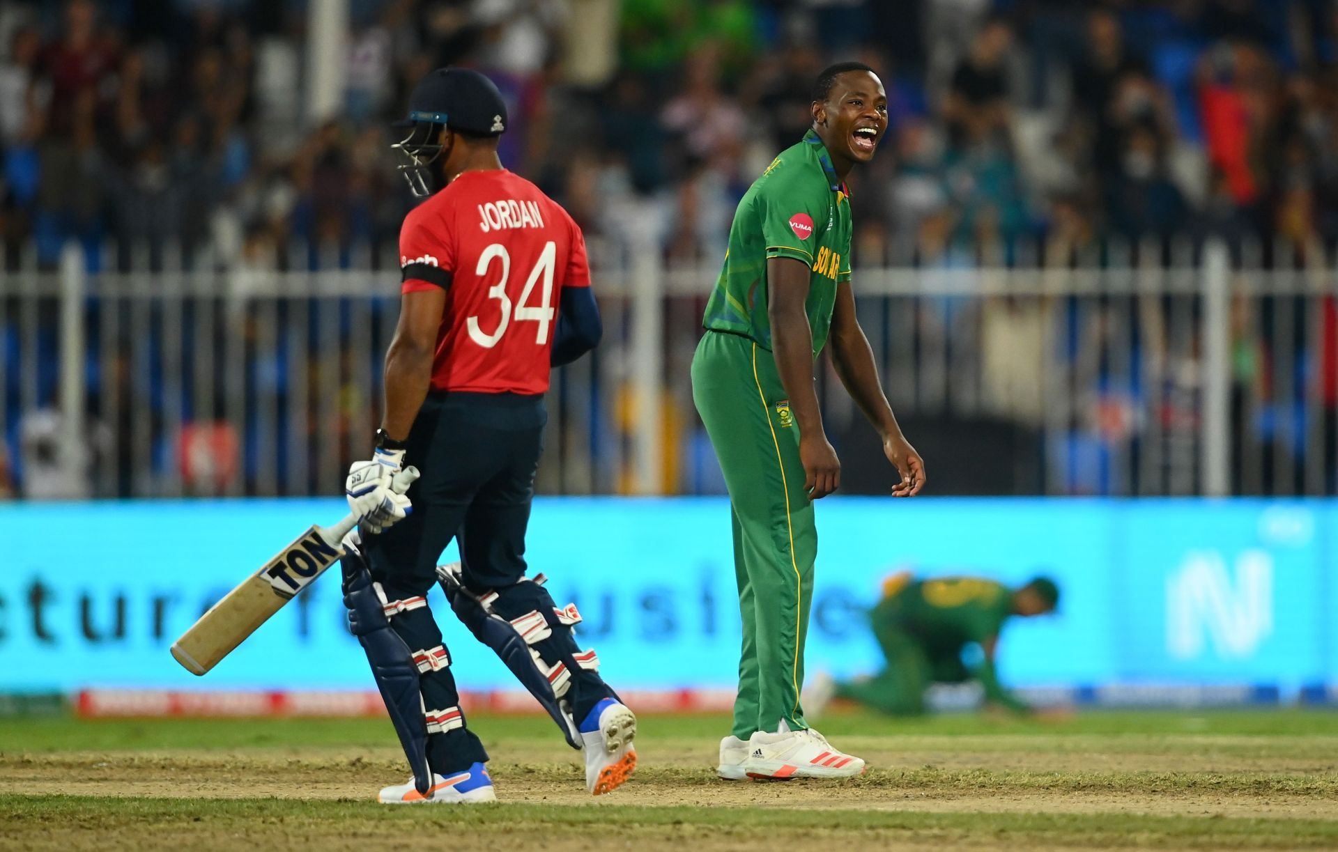 Kagiso Rabada celebrates his hat-trick during the T20 World Cup 2021 against England. Pic: Getty Images
