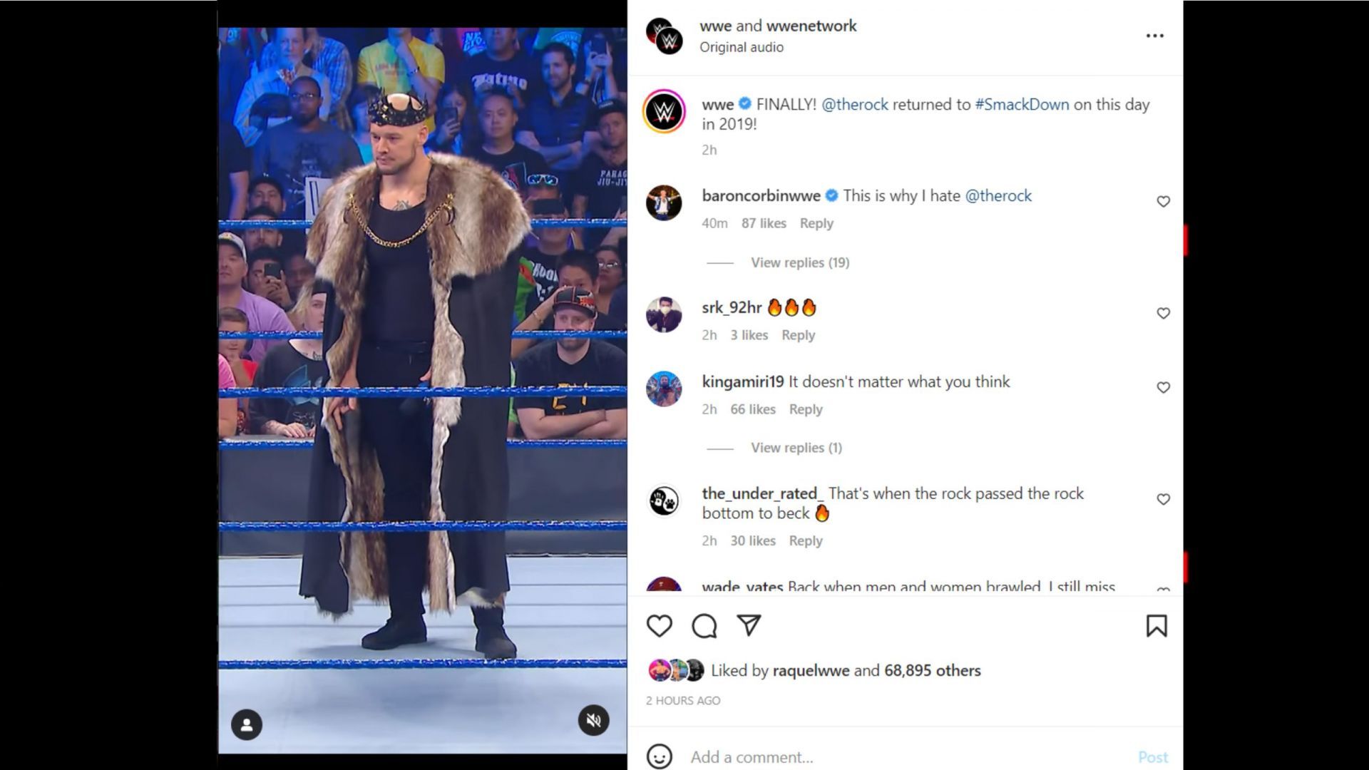 A screenshot of Baron Corbin&#039;s comment on WWE&#039;s Instagram post